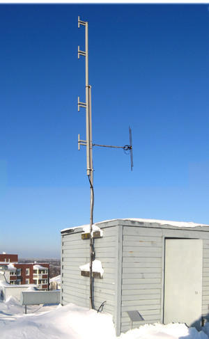 OH7RUB 4 x pystydipoli sekä digipeaterin OH7RDB dipoli. Laitteet heti oven takana vasemmalla OH7VL